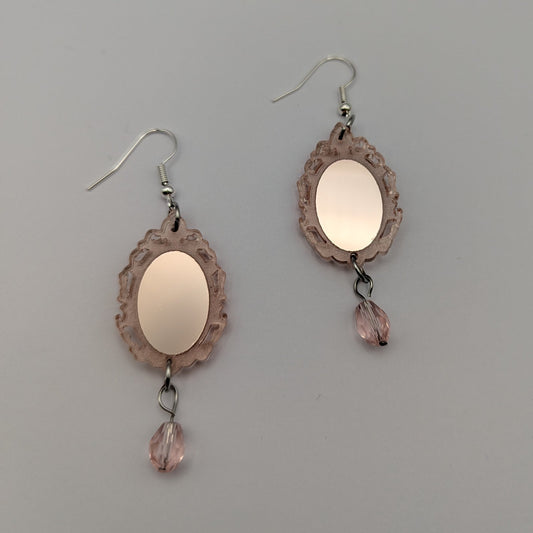vintage mirror pink glass dangle hook acrylic stainless steel earrings