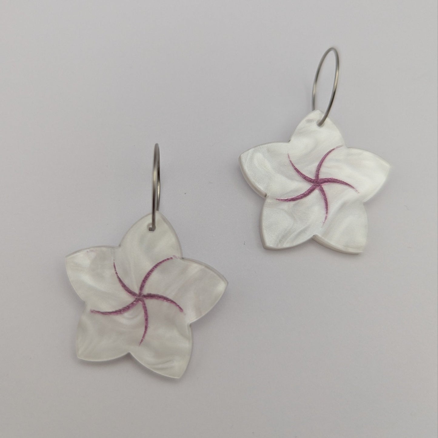 hanging frangipani flower earrings white pink acrylic stainless steel hoop