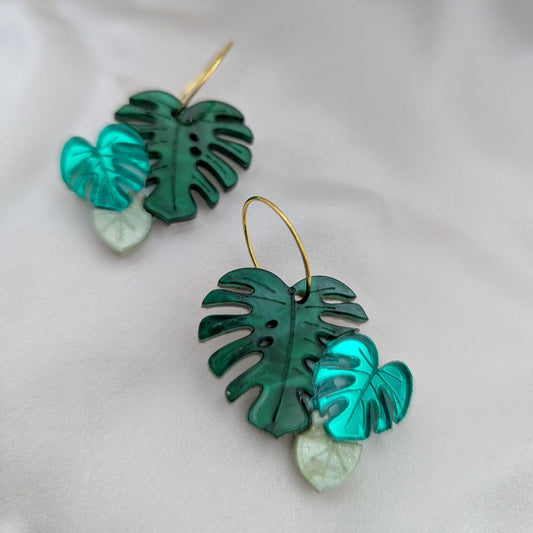 monstera plant earrings green acrylic gold stainless steel hoop