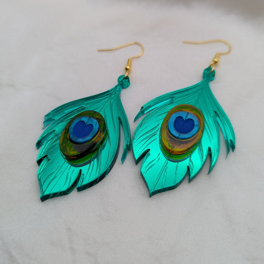 peacock feather green orange blue gold acrylic stainless steel hook