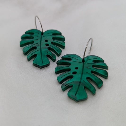 monstera leaf earrings green acrylic stainless steel hoop