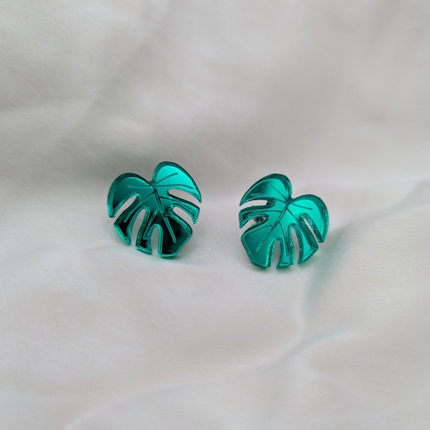 monstera leaf lobe earrings green acrylic stainless steel stud