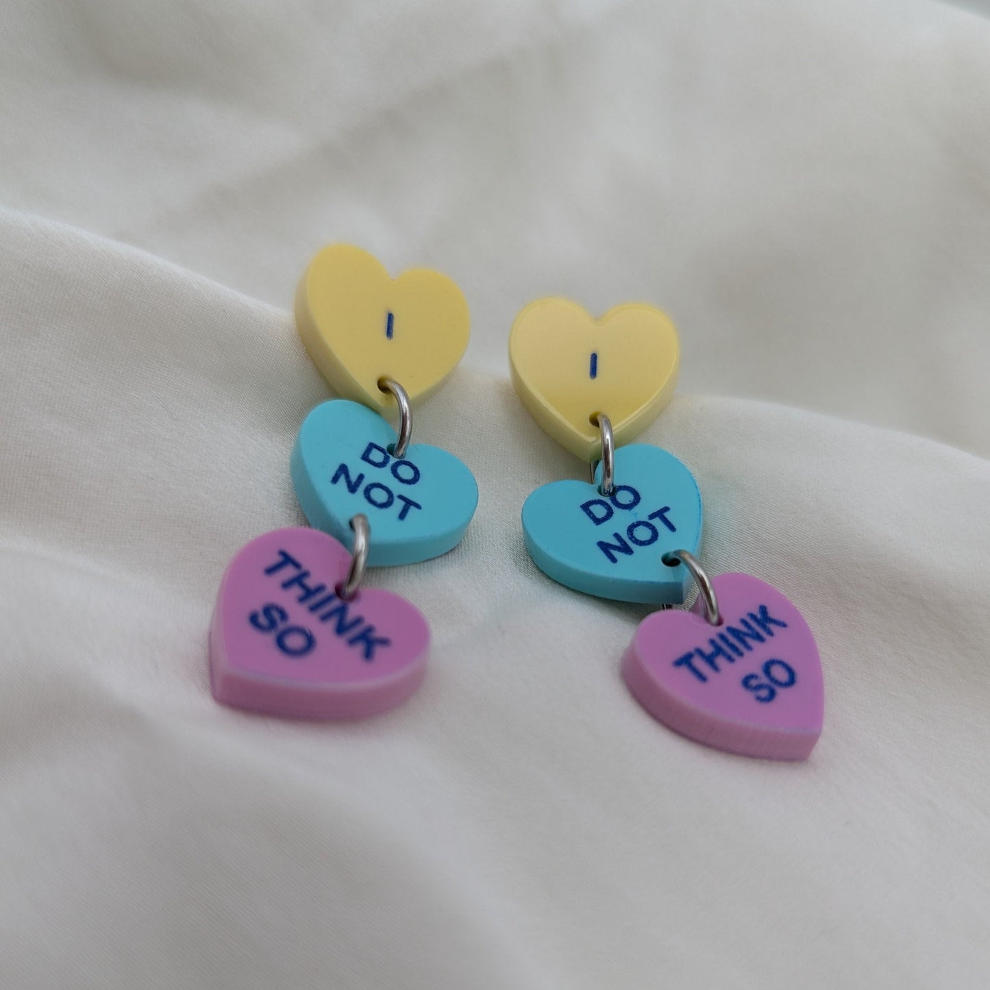 not too sweet candy hearts earrings dangle mint yellow pink blue stainless steel stud