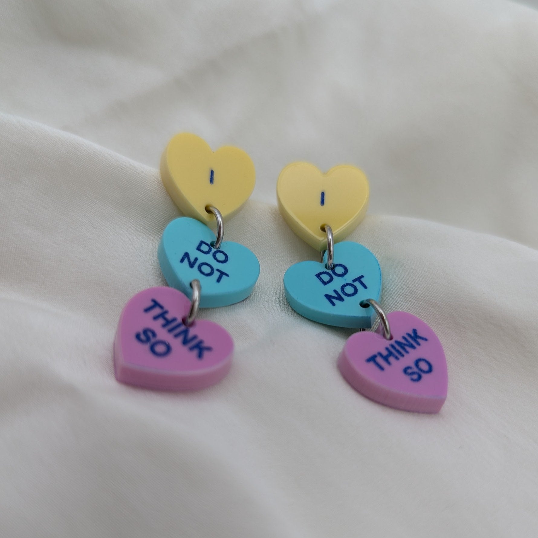 not too sweet candy hearts earrings dangle mint yellow pink blue stainless steel stud