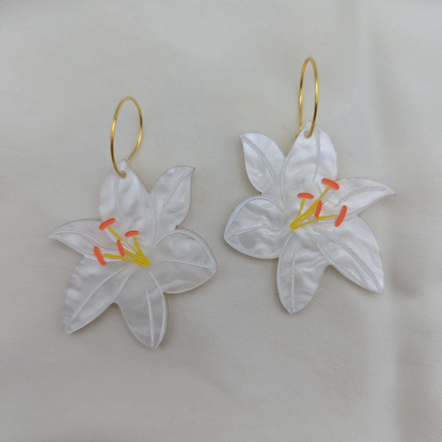 lily flower earrings white yellow orange acrylic stainless steel gold hoop