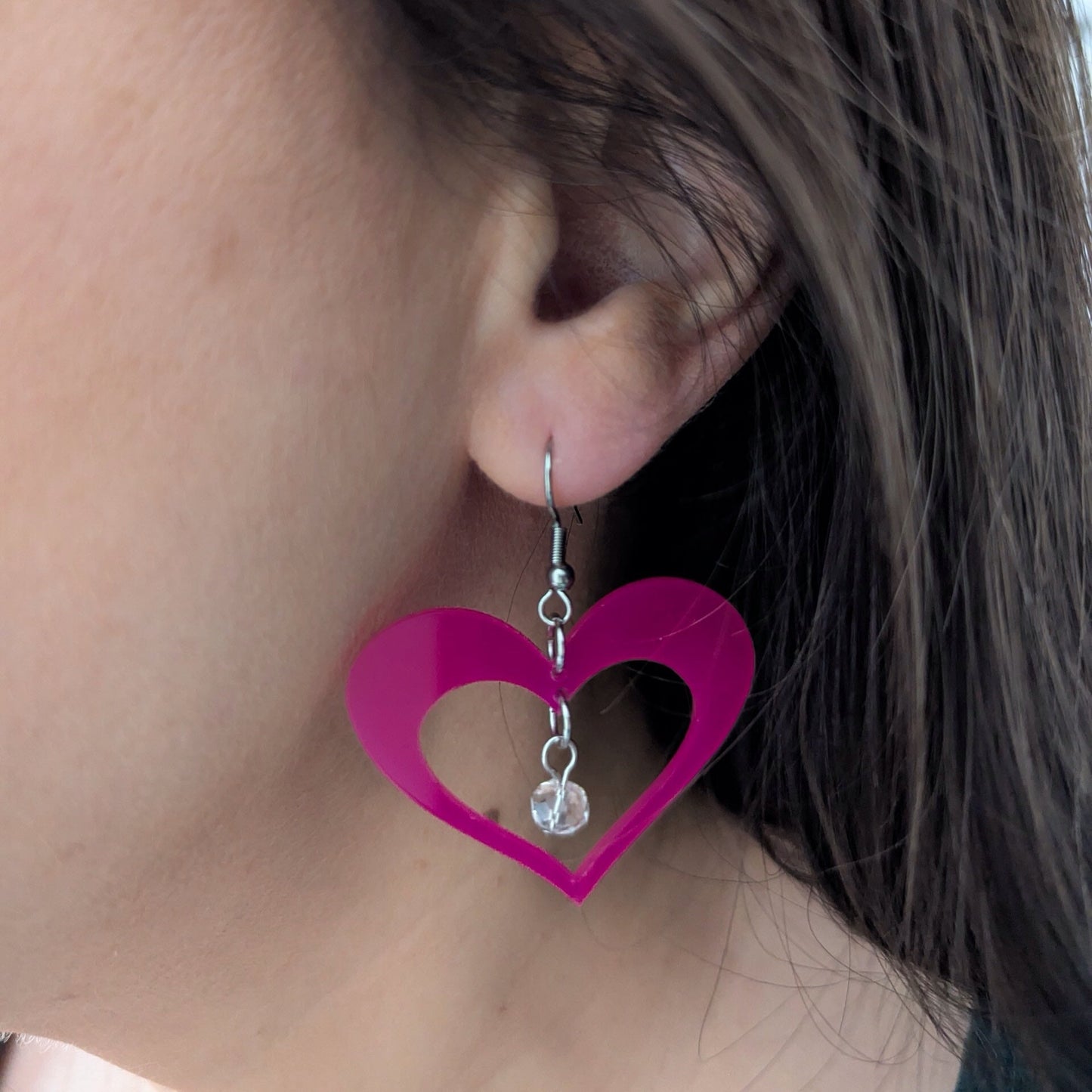 love in pink heart silhouette round glass dangle acrylic stainless steel hook earrings