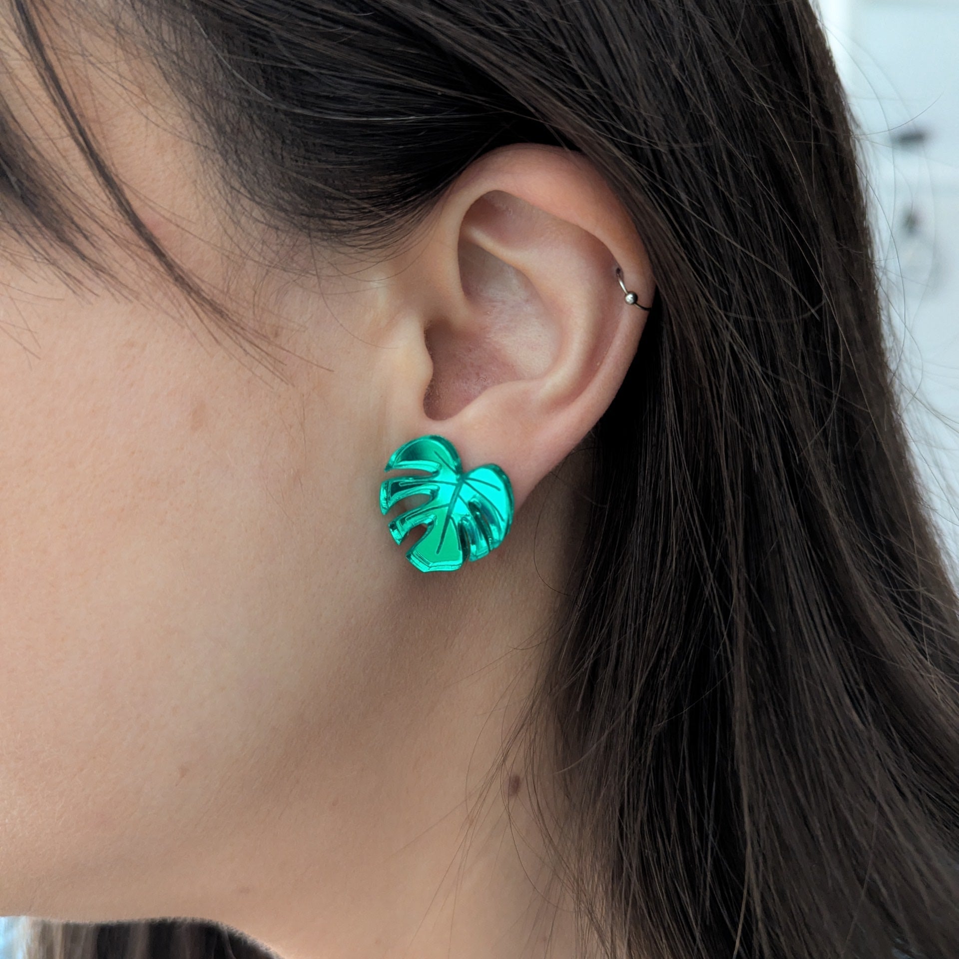 monstera leaf lobe earrings green acrylic stainless steel stud