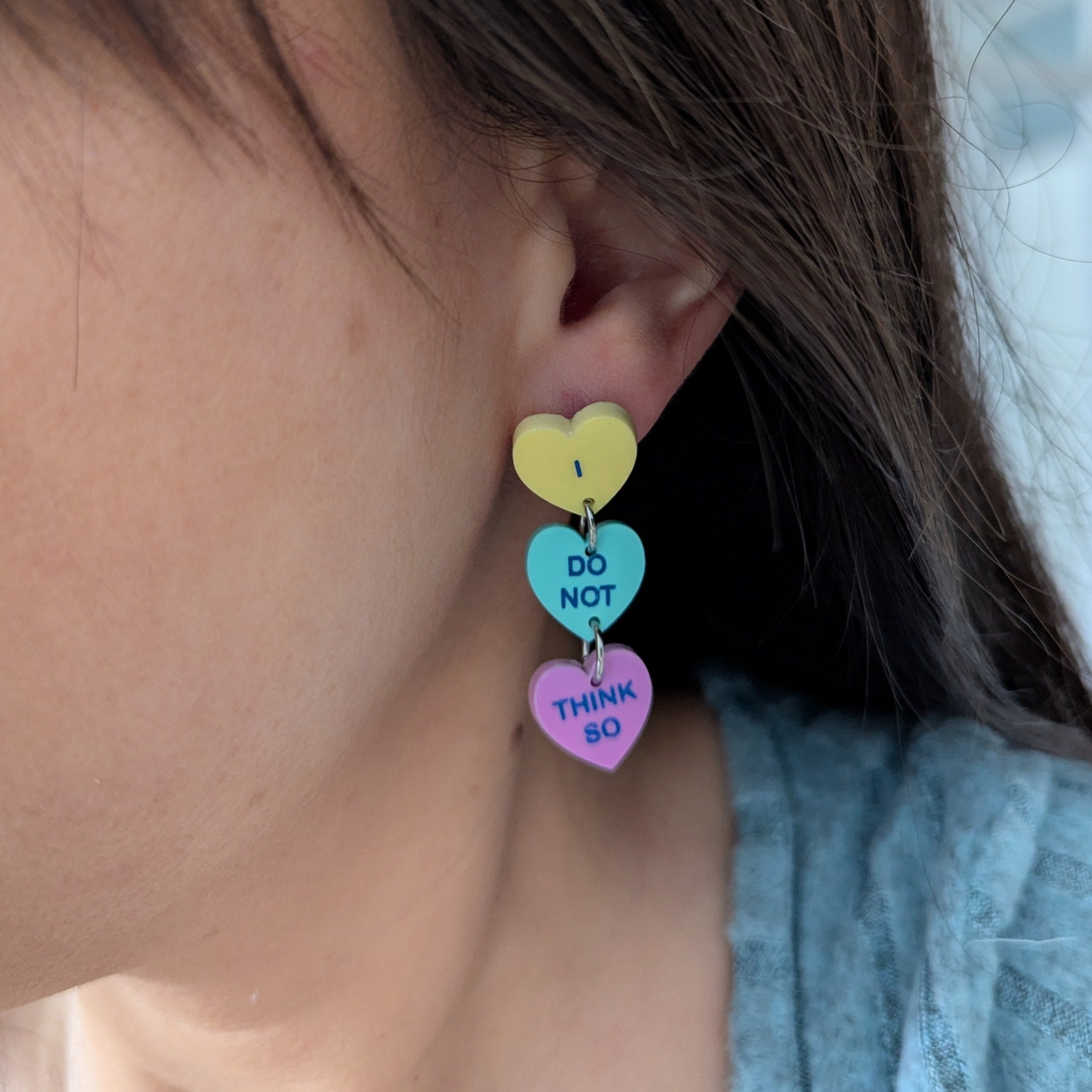 not too sweet candy hearts earrings dangle mint yellow pink blue stainless steel stud