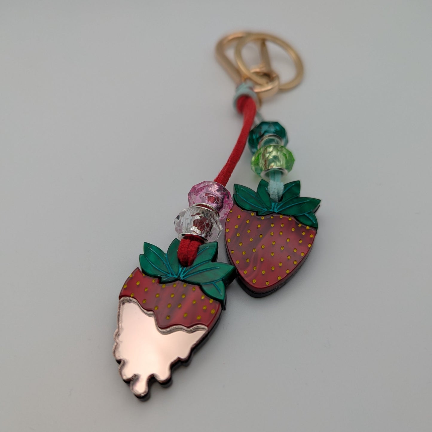 strawberries cream bag charm red green mirror pink yellow acrylic plastic vegan leather cord metal keyring