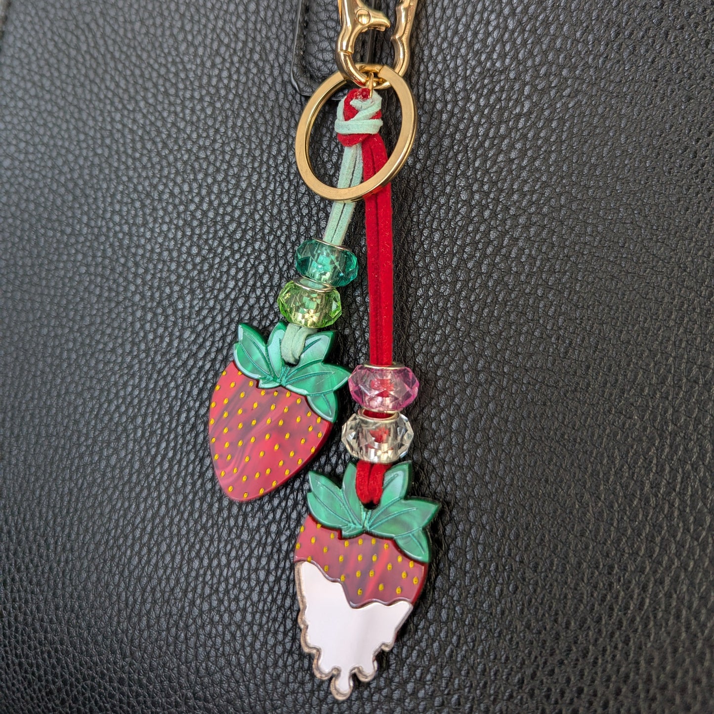 strawberries cream bag charm red green mirror pink yellow acrylic plastic vegan leather cord metal keyring