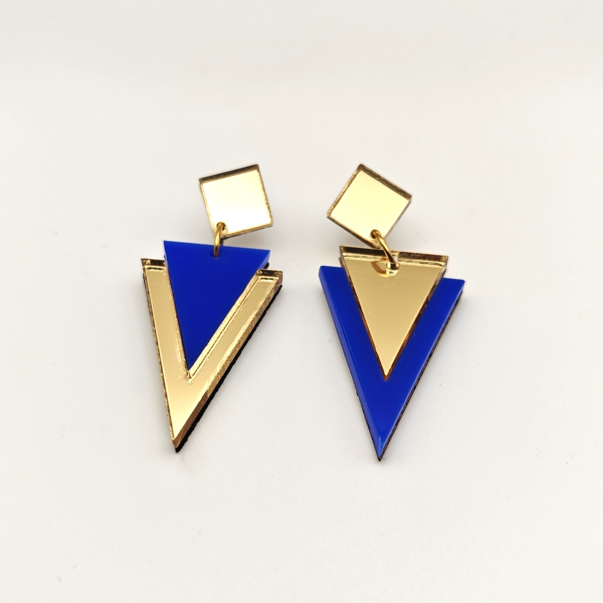statement geometrical bold light-wear comfortable hypoallergenic stainless steel post earrings dangle electric blue gold