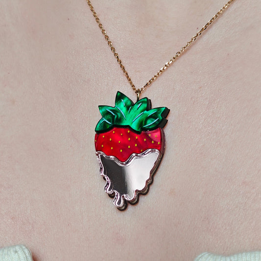 strawberry cream pendant charm neck chain dark green marbled red dusty pink laser cut acrylic hypoallergenic  lightweight light yellow gold plated S925 sterling silver stainless steel