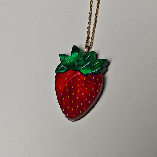 strawberry pendant charm neck chain dark green marbled red laser cut acrylic hypoallergenic  lightweight light yellow gold plated S925 sterling silver stainless steel