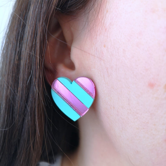 statement stellar bold light-wear comfortable hypoallergenic stainless steel wood post earrings metallic mirror fuchsia pink spearmint blue green wearing