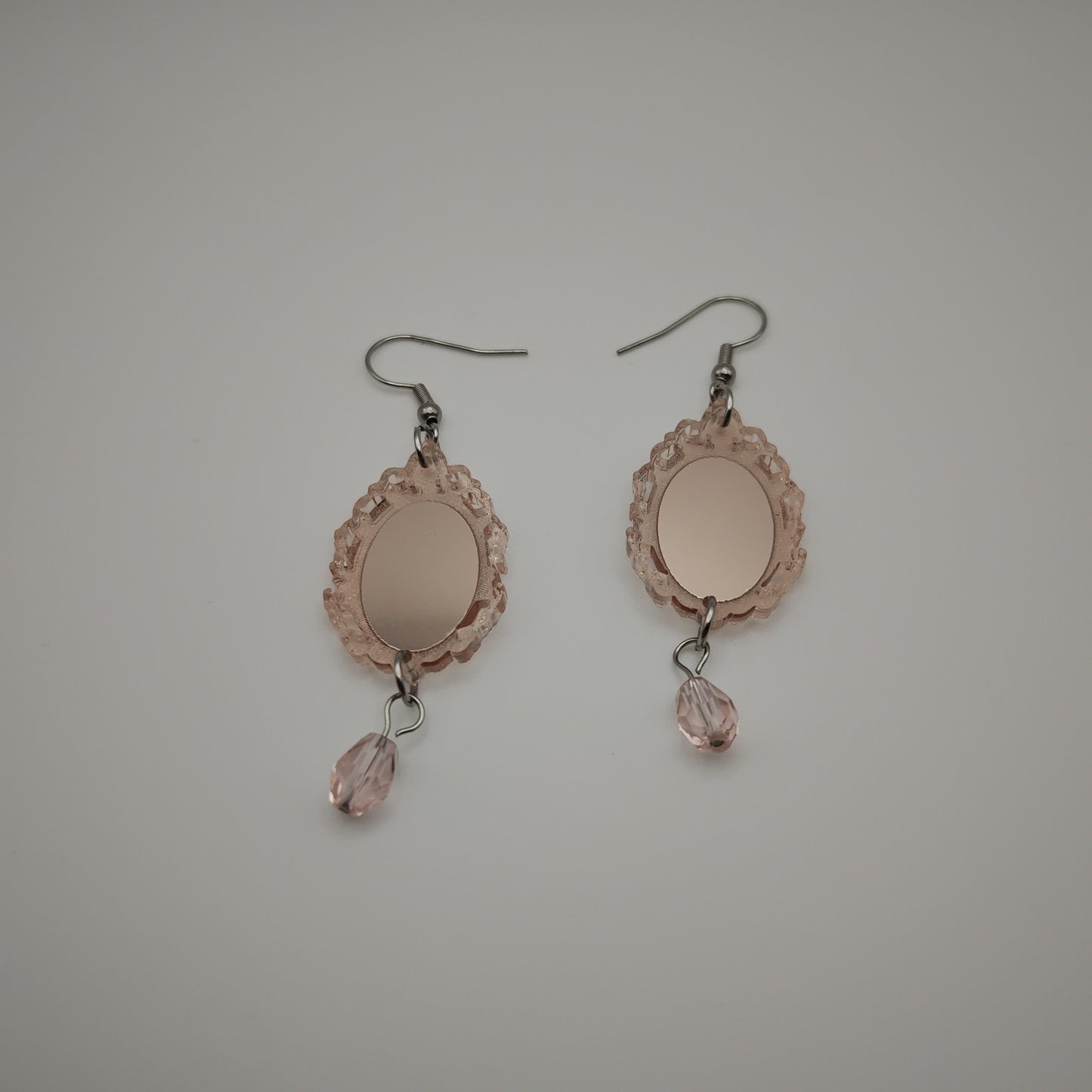 mirror pink dusty light glass tear bead hook stainless steel hypoallergenic framed lightweight acrylic