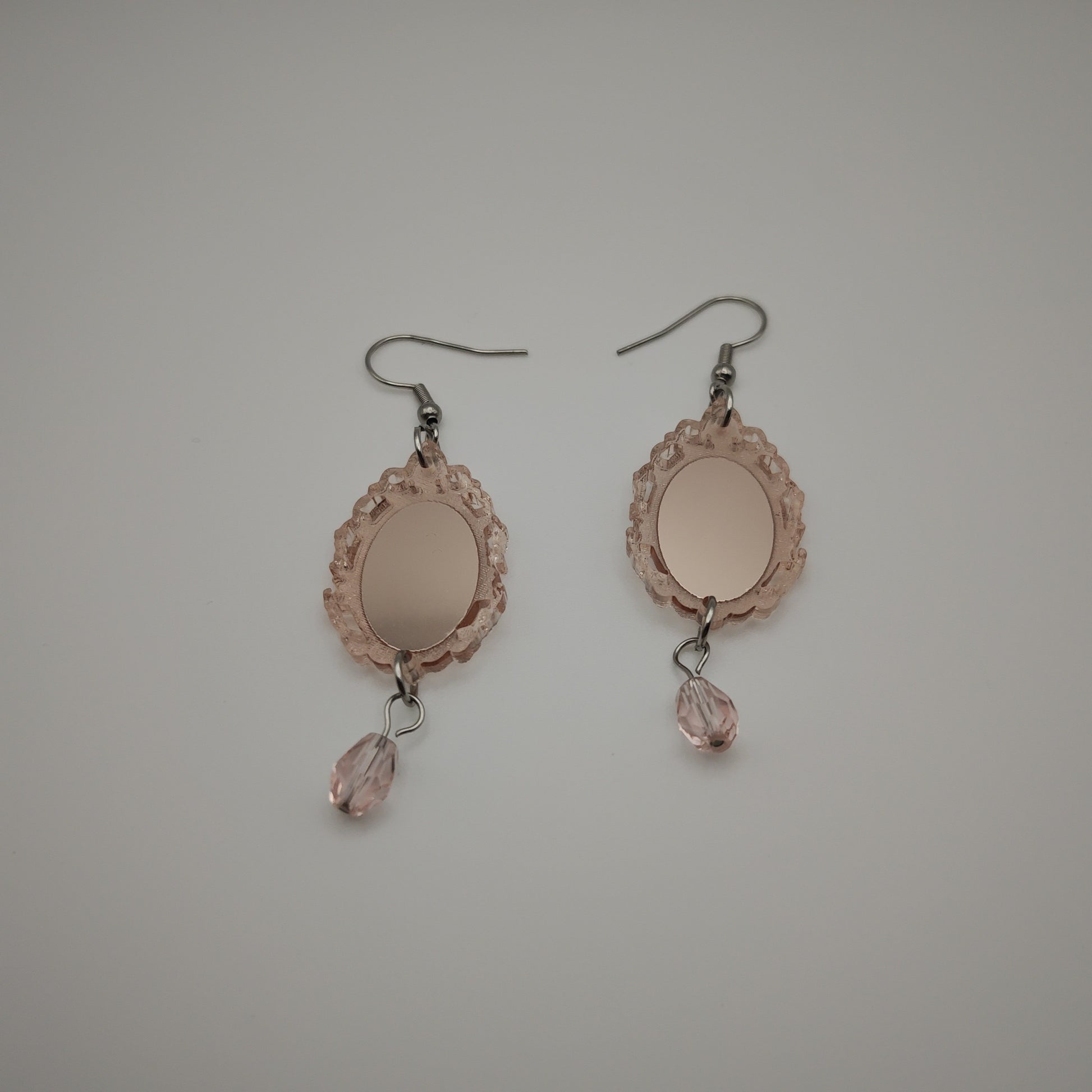 mirror pink dusty light glass tear bead hook stainless steel hypoallergenic framed lightweight acrylic