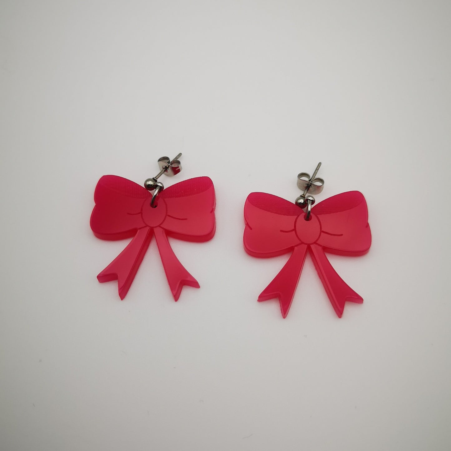 bow lace pink hot acrylic drop ball acrylic lightweight bold statement earrings  hypoallergenic stainless steel