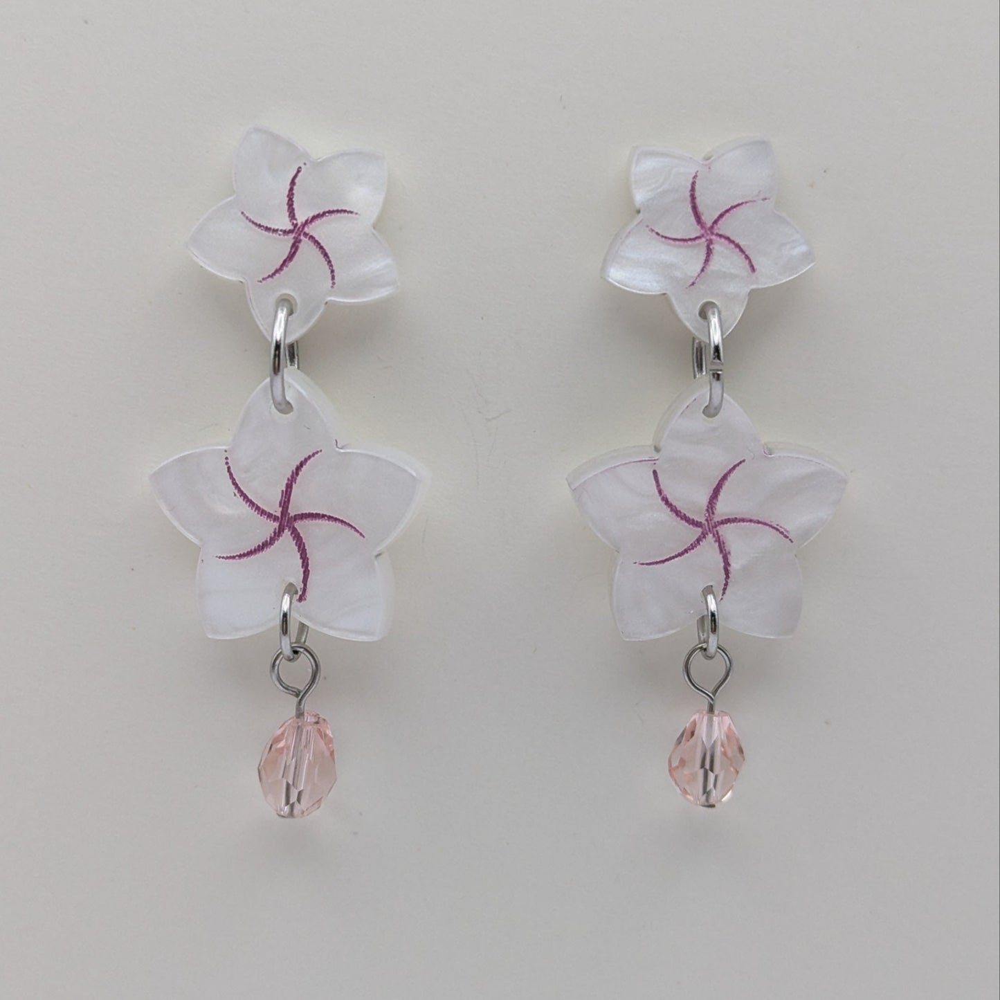 frangipani dew flowers earrings white pink glass tear acrylic stainless steel 
earrings statement bold light-wear comfortable hypoallergenic close stud post close 