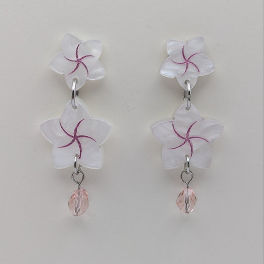 frangipani dew flowers earrings white pink glass tear acrylic stainless steel 
earrings statement bold light-wear comfortable hypoallergenic close stud post close 
