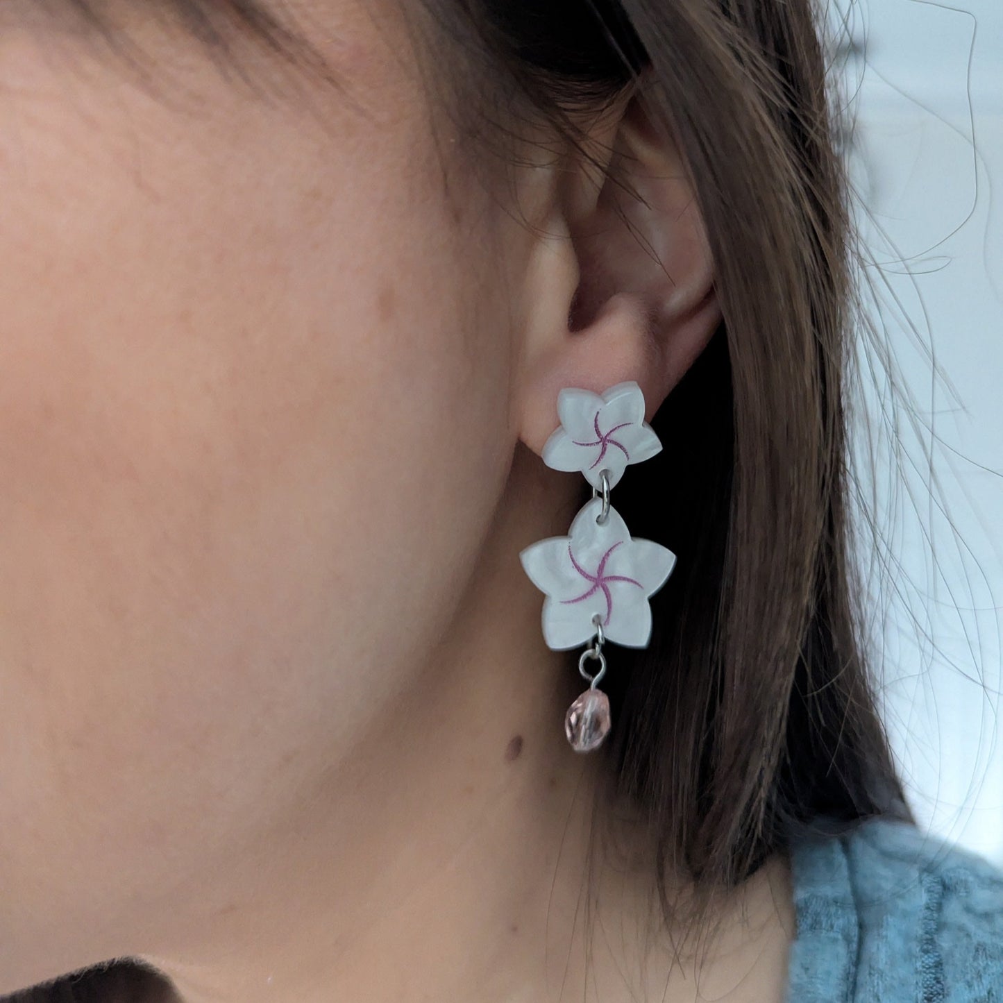 frangipani dew flowers earrings white pink glass tear acrylic stainless steel 
earrings statement bold light-wear comfortable hypoallergenic close stud post wear