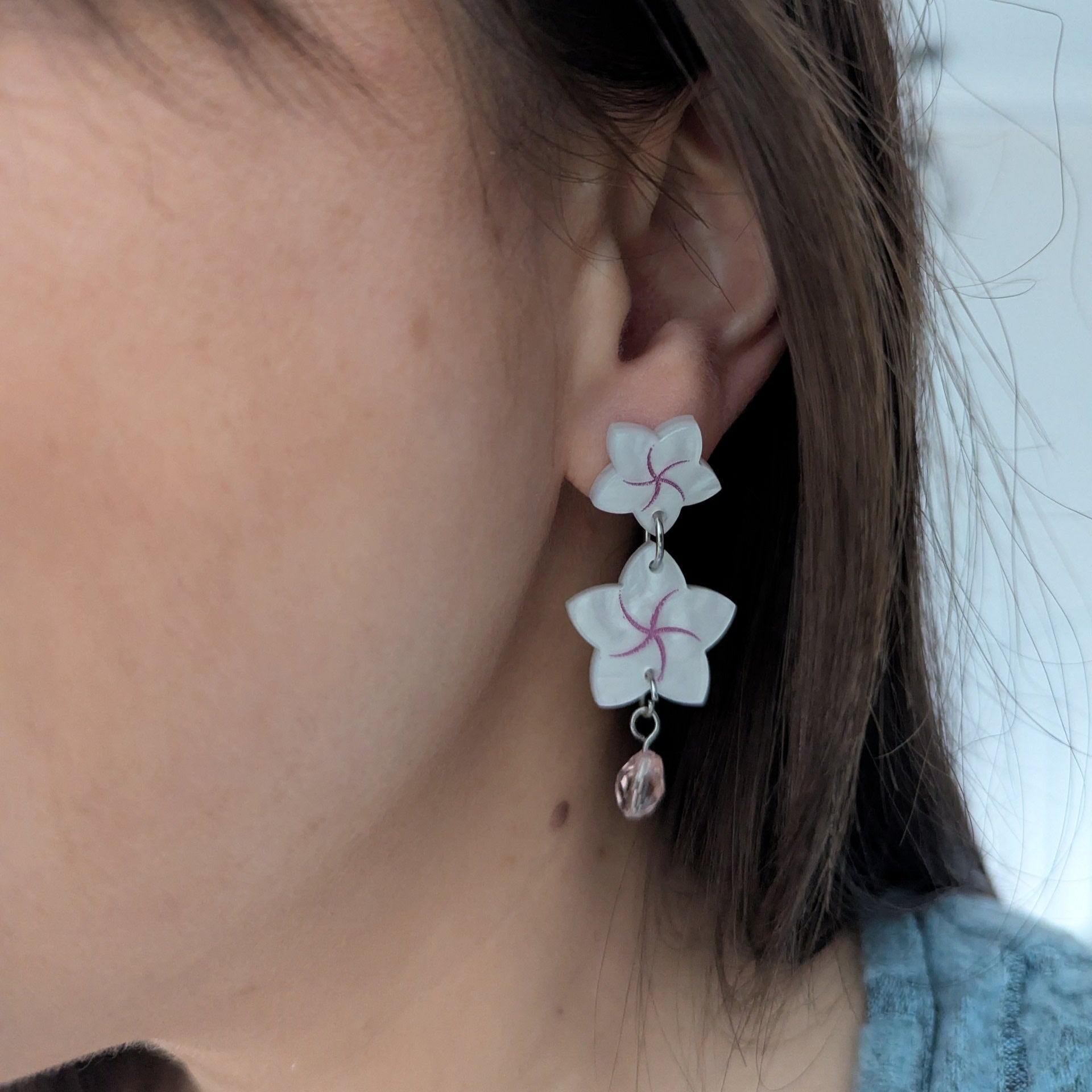 frangipani dew flowers earrings white pink glass tear acrylic stainless steel 
earrings statement bold light-wear comfortable hypoallergenic close stud post wear