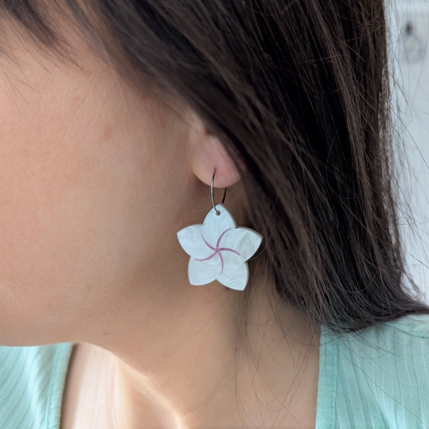 hanging frangipani flower earrings white pink acrylic stainless steel hoop
earrings statement bold light-wear comfortable hypoallergenic close 