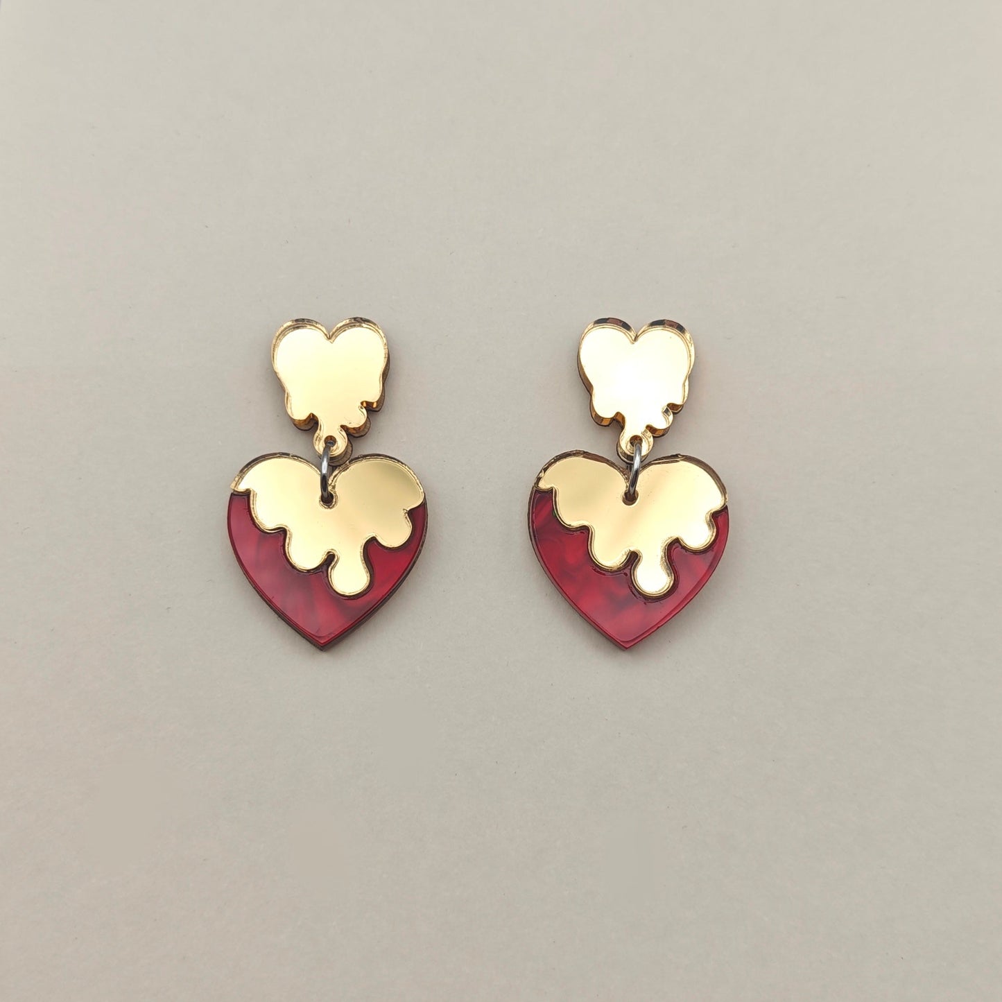 earring melting glazing heart lightweight acrylic metallic mirror gold marble red stainless steel hypoallergenic wood