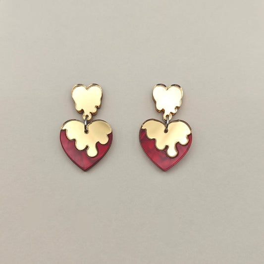 earring melting glazing heart lightweight acrylic metallic mirror gold marble red stainless steel hypoallergenic wood