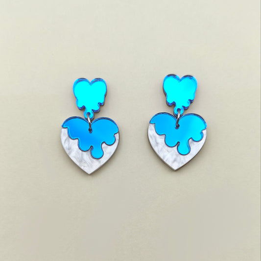 earring melting glazing heart lightweight acrylic metallic mirror light blue marble white stainless steel hypoallergenic wood