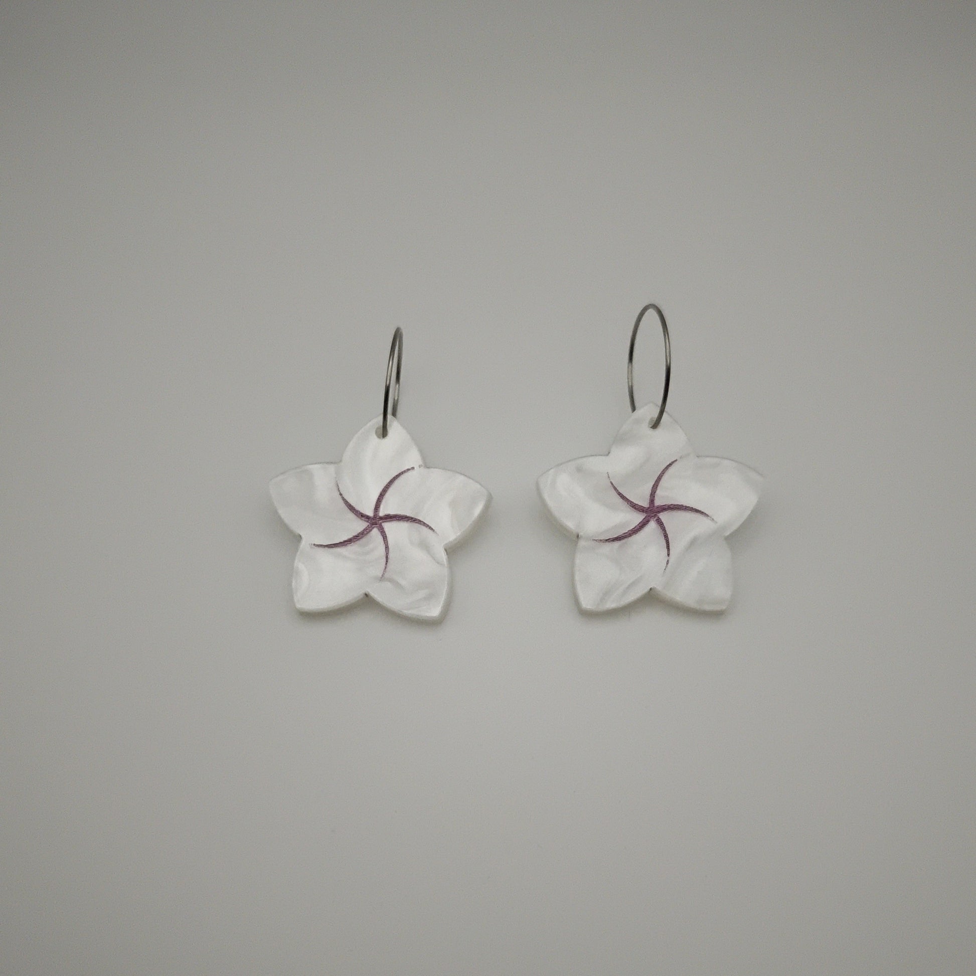 hanging frangipani flower earrings white pink acrylic stainless steel hoop
earrings statement bold light-wear comfortable hypoallergenic close 