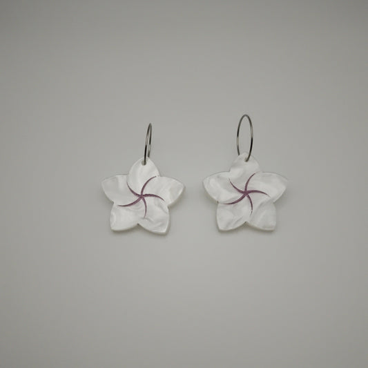 hanging frangipani flower earrings white pink acrylic stainless steel hoop
earrings statement bold light-wear comfortable hypoallergenic close 