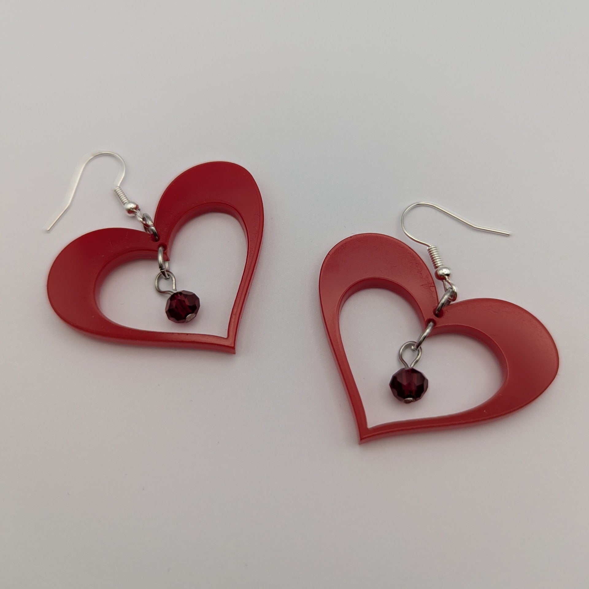 love in red heart silhouette round glass dangle acrylic stainless steel hook earrings statement bold light-wear comfortable hypoallergenic stainless close