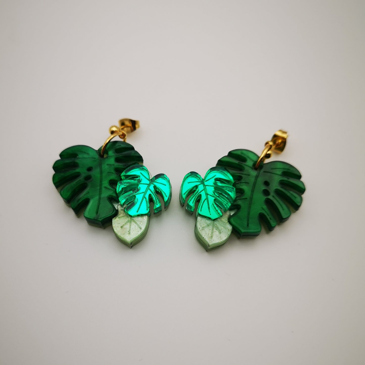 multitone green monstera plant leaves mirror metallic glittery marbled gold hoop stainless steel lightweight acrylic hypoallergenic