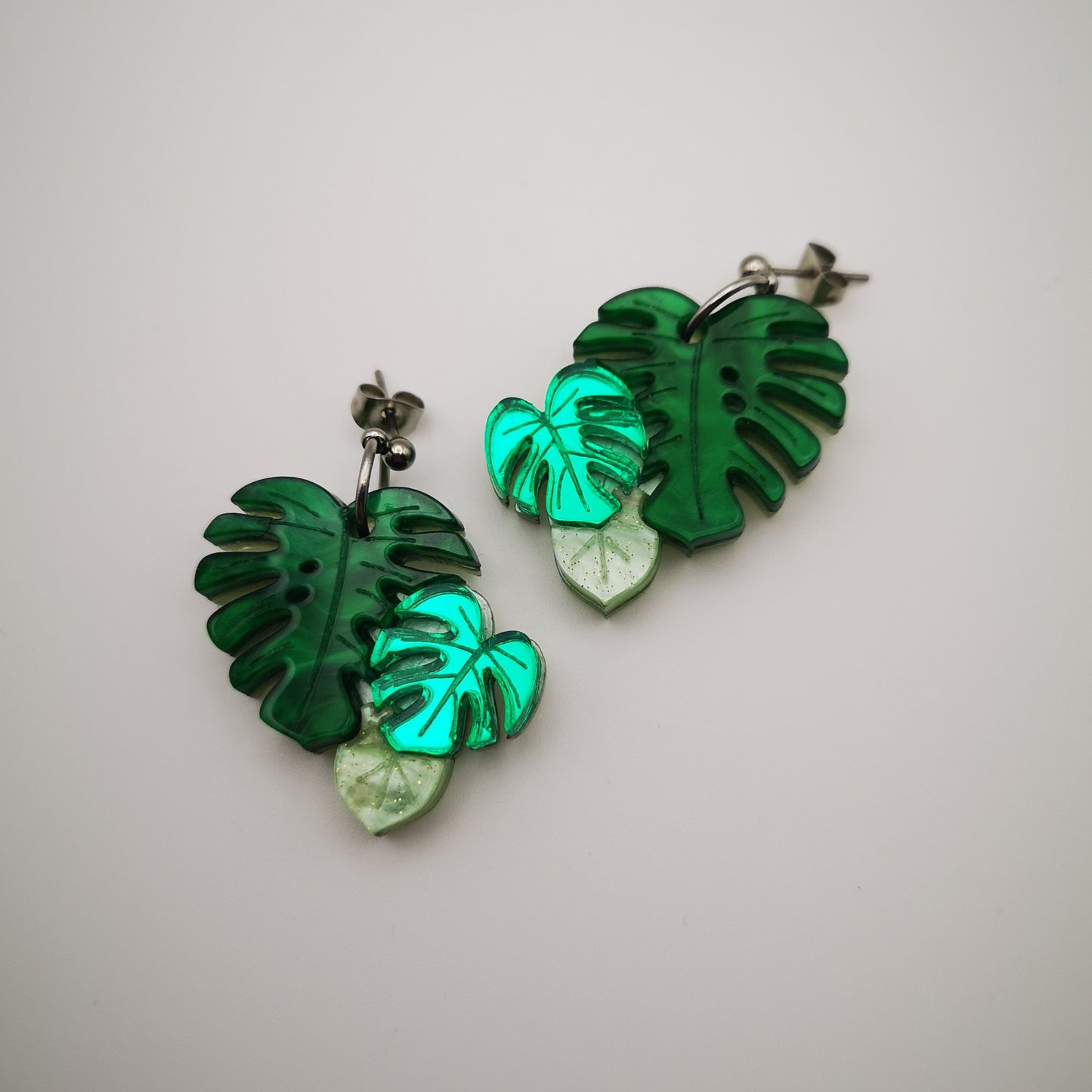multitone green monstera plant leaves mirror metallic glittery marbled gold hoop stainless steel lightweight acrylic hypoallergenic