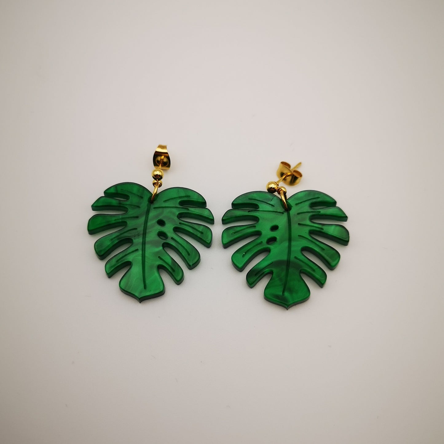 earrings statement bold light-wear comfortable hypoallergenic stainless 
monstera leaf earrings green acrylic stainless steel gold stud drop ball close
