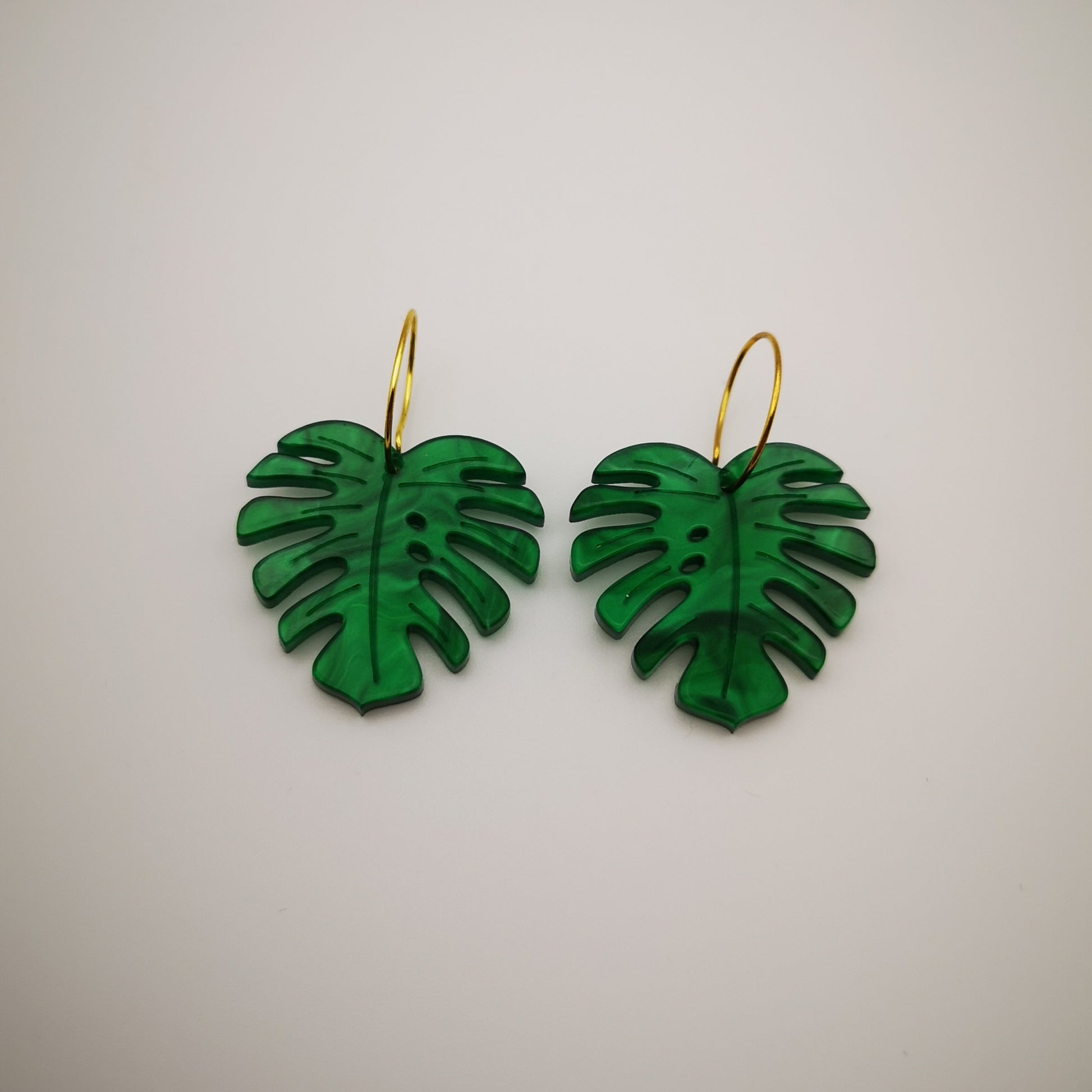 earrings statement bold light-wear comfortable hypoallergenic stainless 
monstera leaf earrings green acrylic stainless steel hoop gold