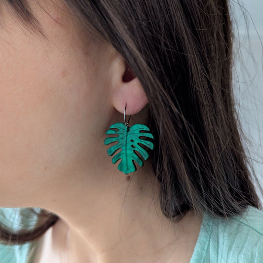 earrings statement bold light-wear comfortable hypoallergenic stainless 
monstera leaf earrings green acrylic stainless steel hoop wear