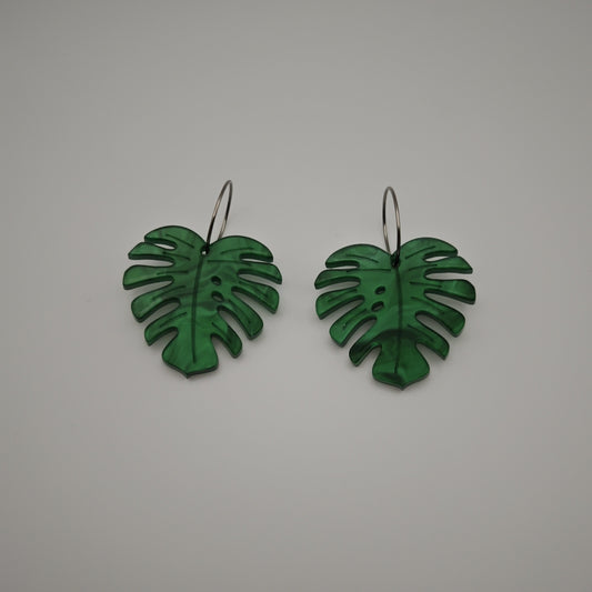 earrings statement bold light-wear comfortable hypoallergenic stainless 
monstera leaf earrings green acrylic stainless steel hoop wear
