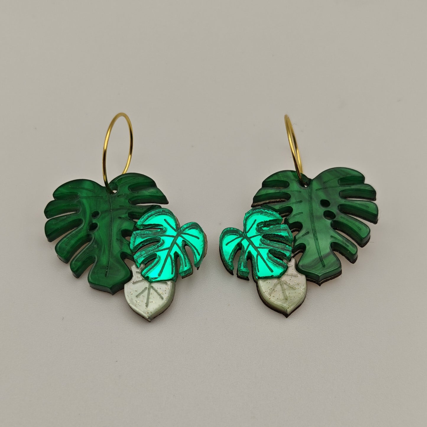multitone green monstera plant leaves mirror metallic glittery marbled gold hoop stainless steel lightweight acrylic hypoallergenic