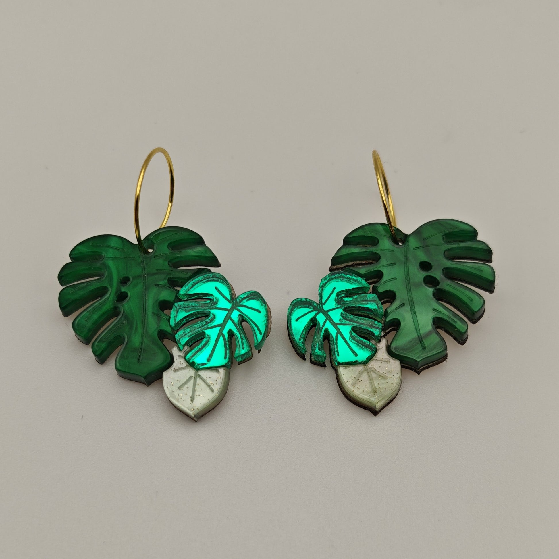 multitone green monstera plant leaves mirror metallic glittery marbled gold hoop stainless steel lightweight acrylic hypoallergenic