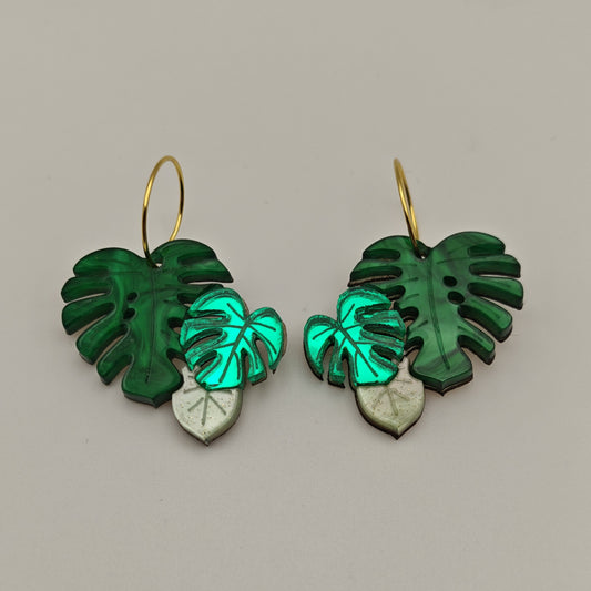 multitone green monstera plant leaves mirror metallic glittery marbled gold hoop stainless steel lightweight acrylic hypoallergenic