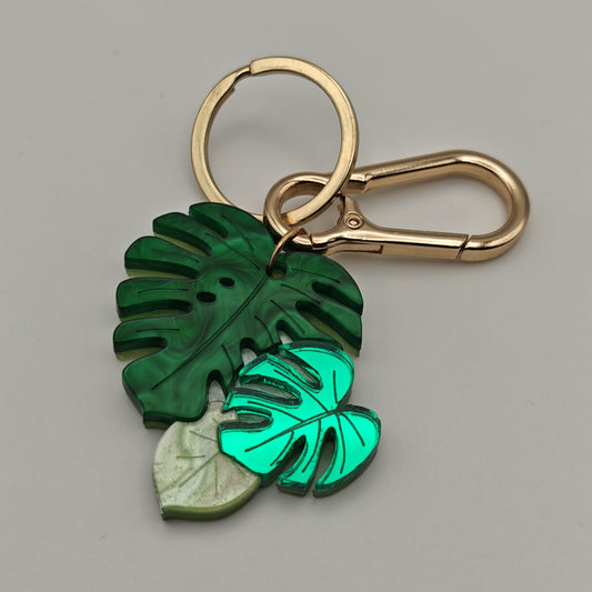 Green multi tone marbled mirror metallic glitter golden clasp keyring bag charm monstera plant leaves leaf