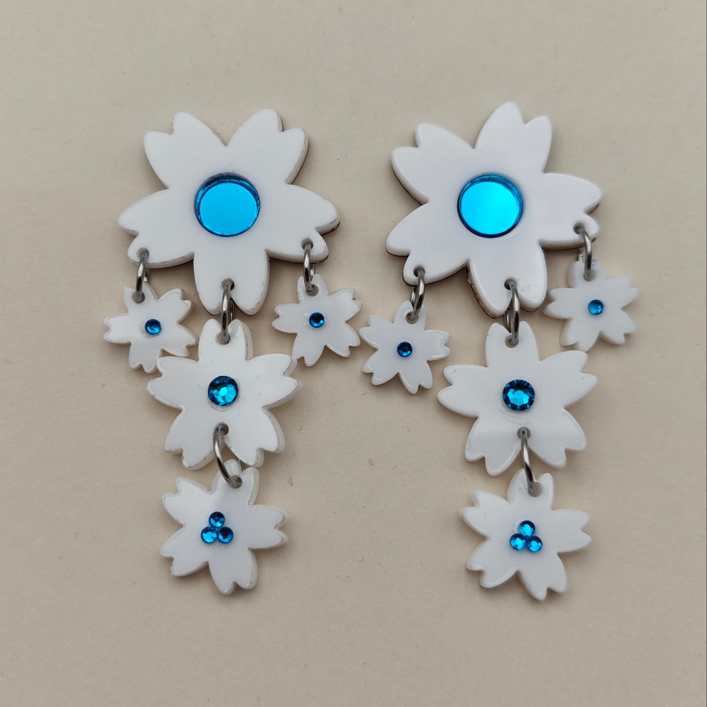flowers dangled white blue crystal acrylic wood stainless steel hypoallergenic