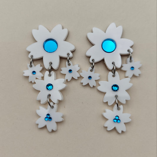 flowers dangled white blue crystal acrylic wood stainless steel hypoallergenic