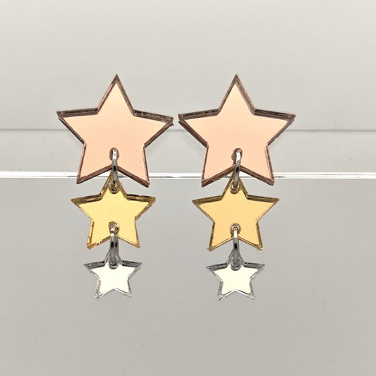 statement geometrical bold light-wear comfortable hypoallergenic stainless steel post dangle earrings multicolour  gold dust rose pink silver metallic mirror closeup