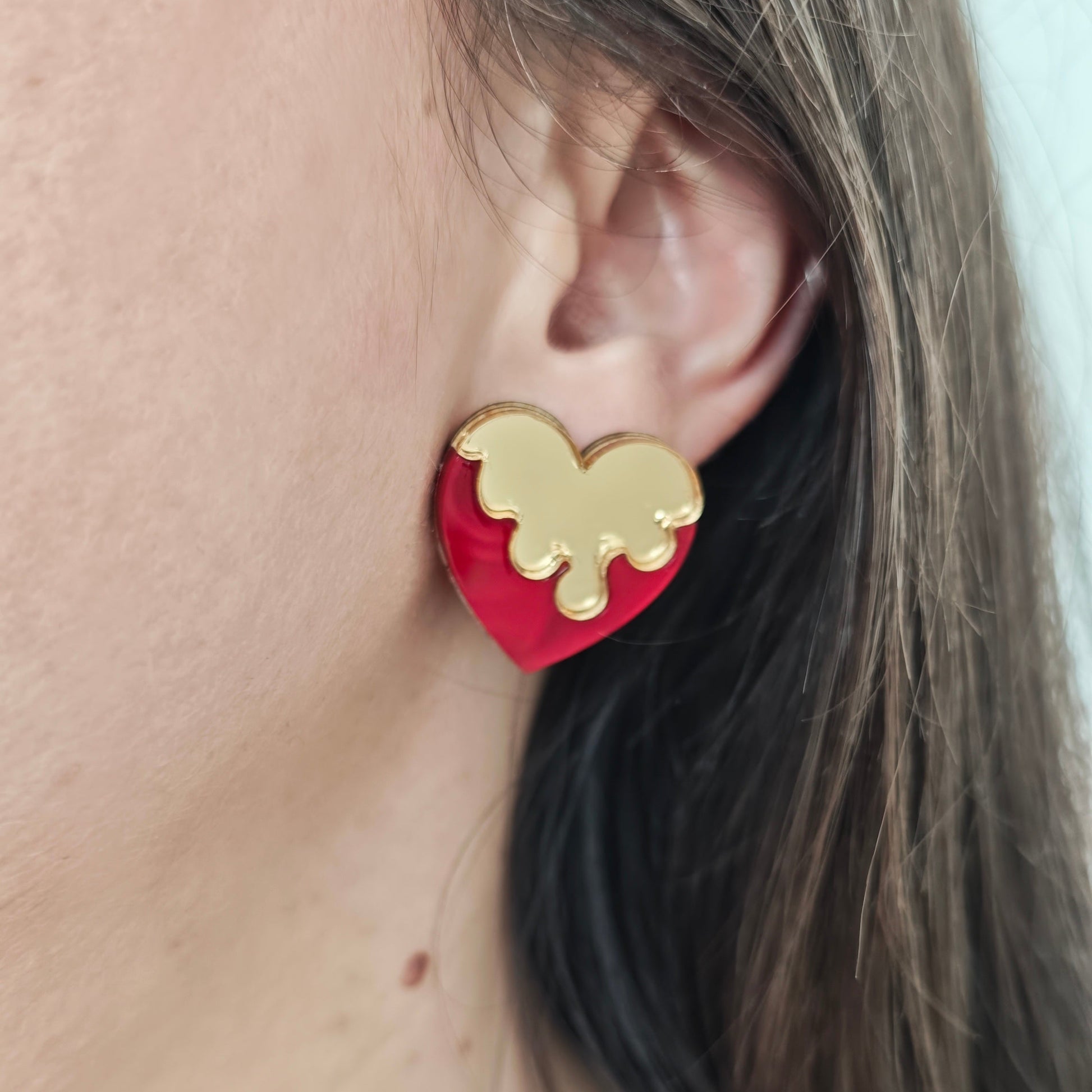 earring melting glazing heart lightweight acrylic metallic mirror gold marble red stainless steel hypoallergenic wood